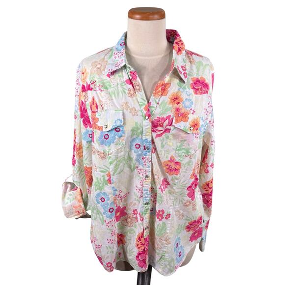 IZOD Shirt Women's Size XL Floral Pearl Snap Button  Roll Tab Sleeve Top - Picture 1 of 11